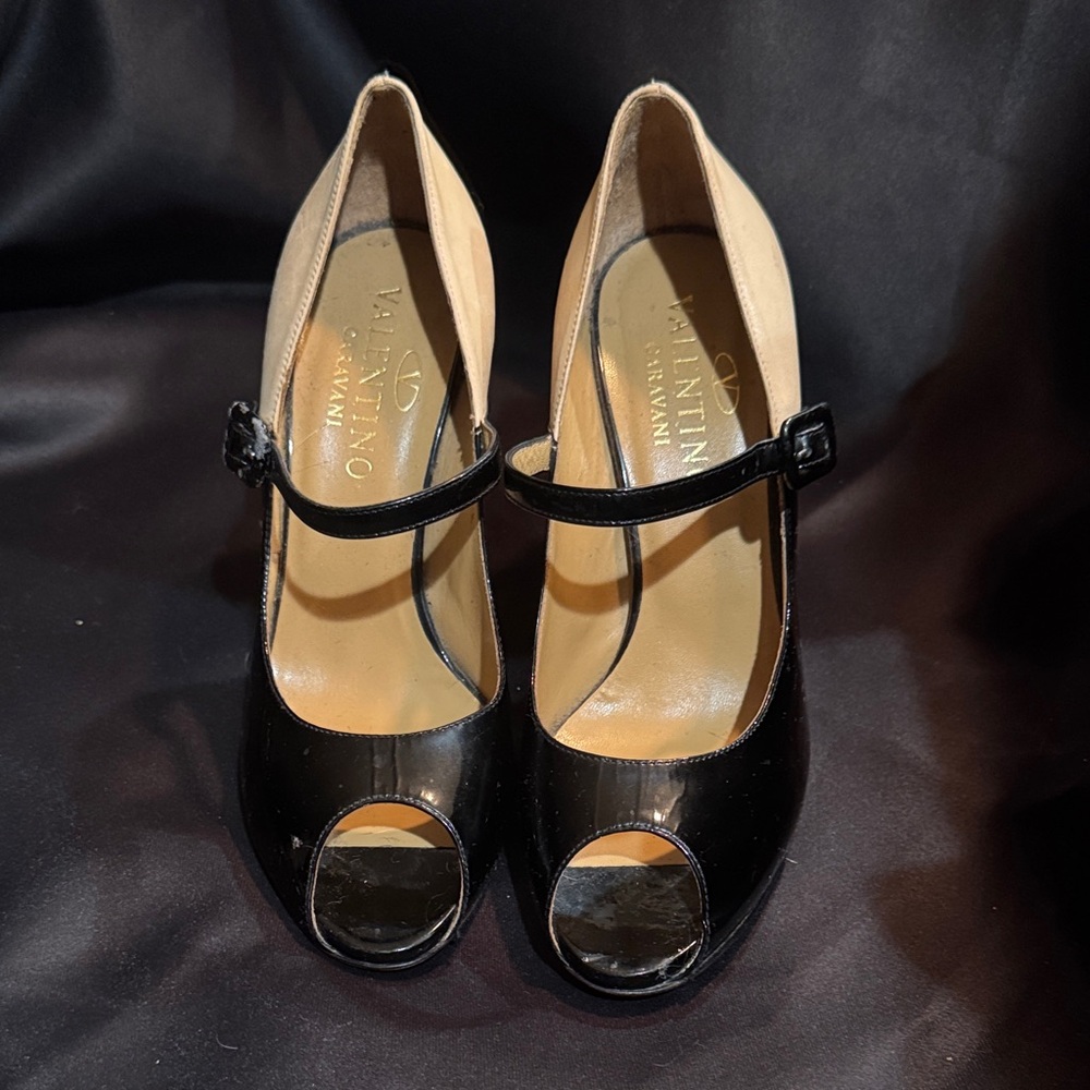 Valentino Black and Tan Peep-Toe Heels